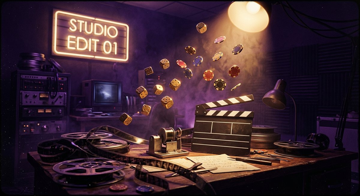 Ilustrasi selapul film dan papan klakser dengan dadu serta chip emas melayang di bawah lampu sorot
