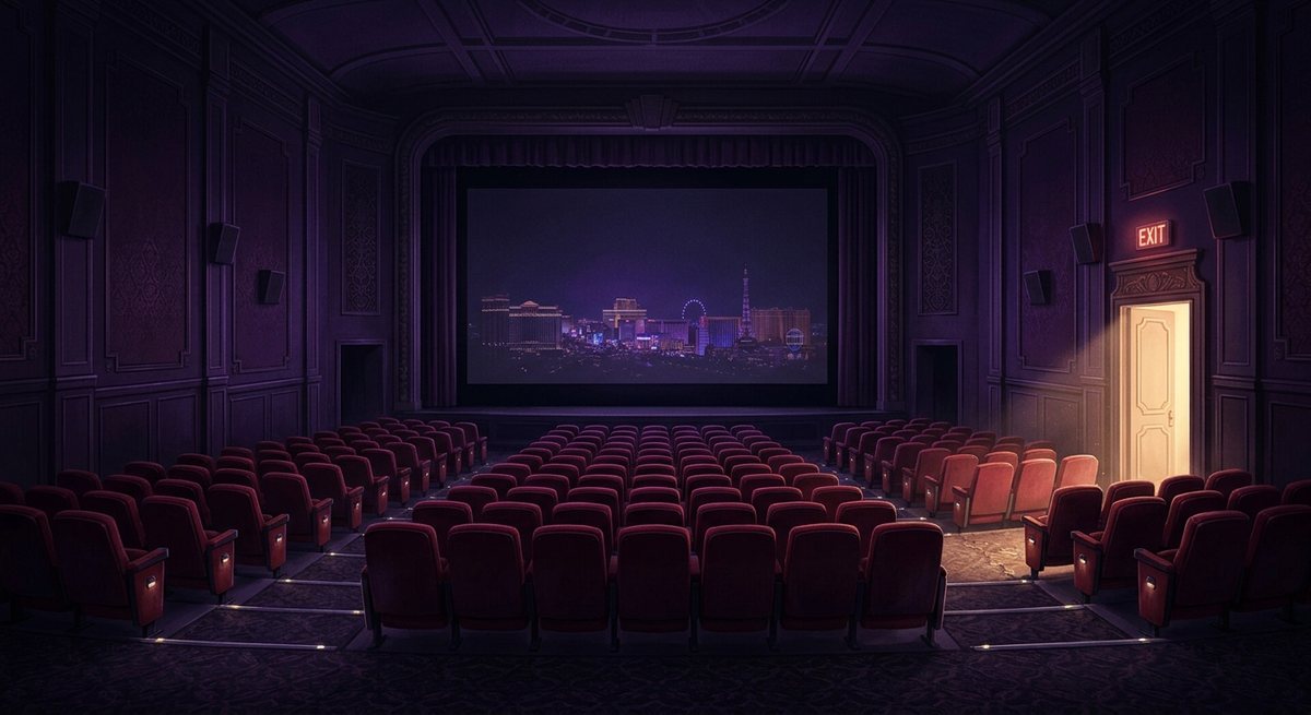 Ilustrasi bioskop kosong setelah pertunjukan usai dengan layar redup memperlihatkan siluet kota dan pintu keluar bercahaya hangat
