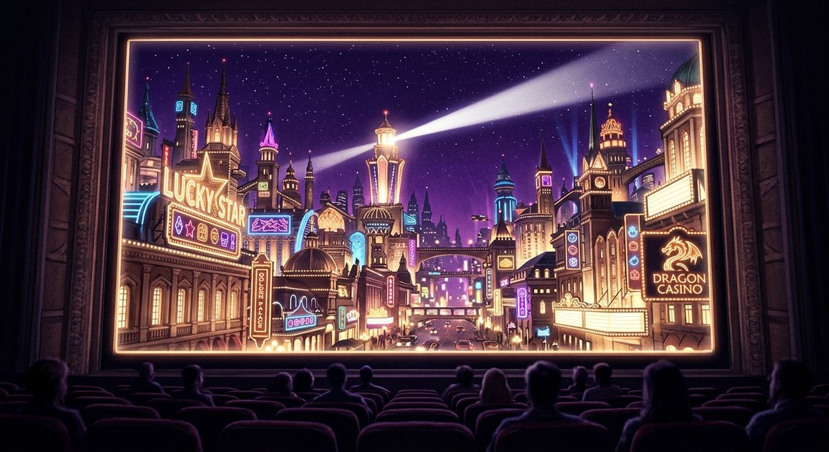 Ilustrasi kota kasino malam hari yang tampak melalui bingkai layar raksasa dengan kursi bioskop di depannya